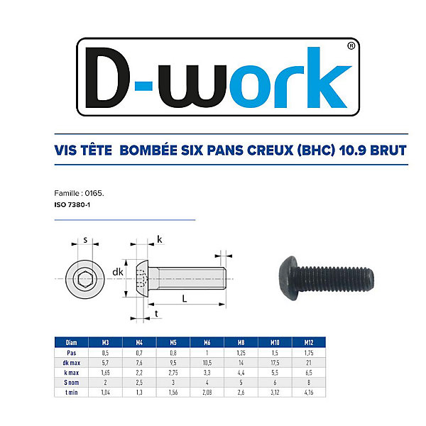 200 Vis Métaux Tête Bombée 6 Pans Creux F/Total BHC 4 x 30 mm - 7380-1 - 10.9 - Brut - D-Work