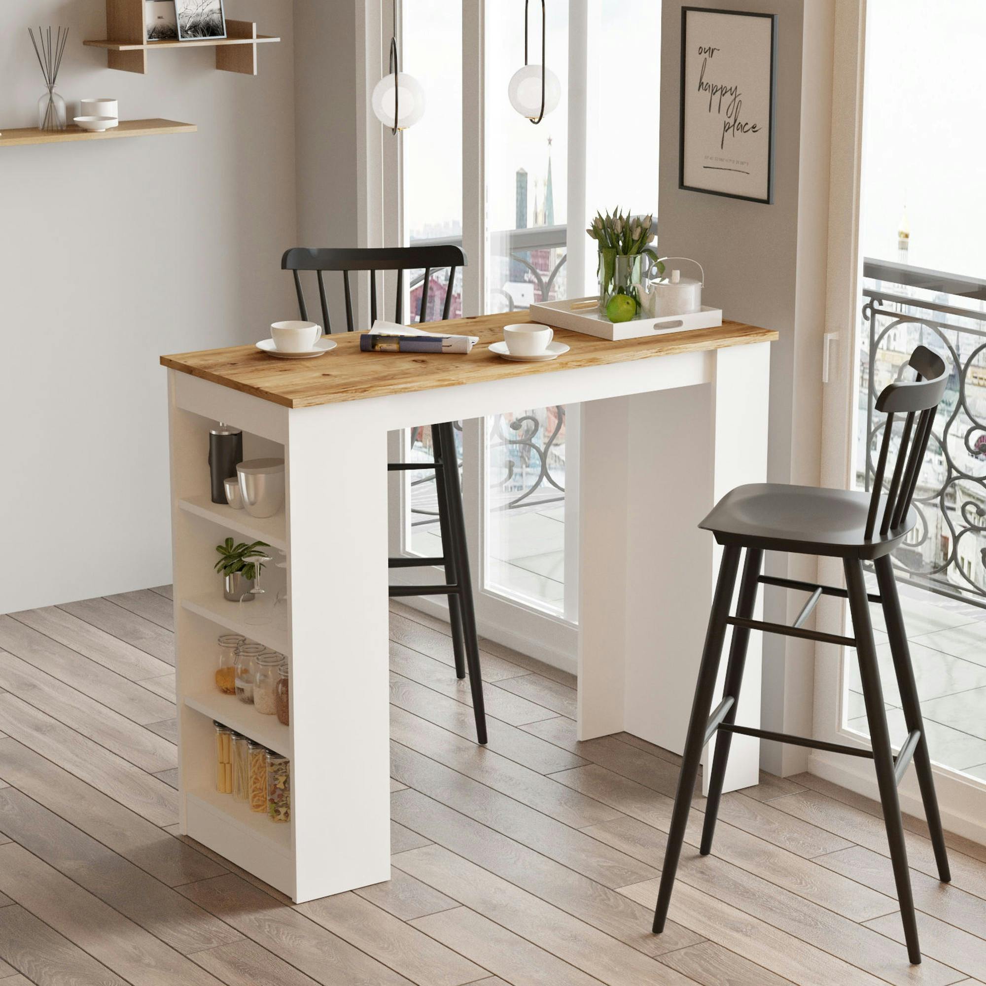 Table haute blanche cuisine avec plateau effet bois MARFA