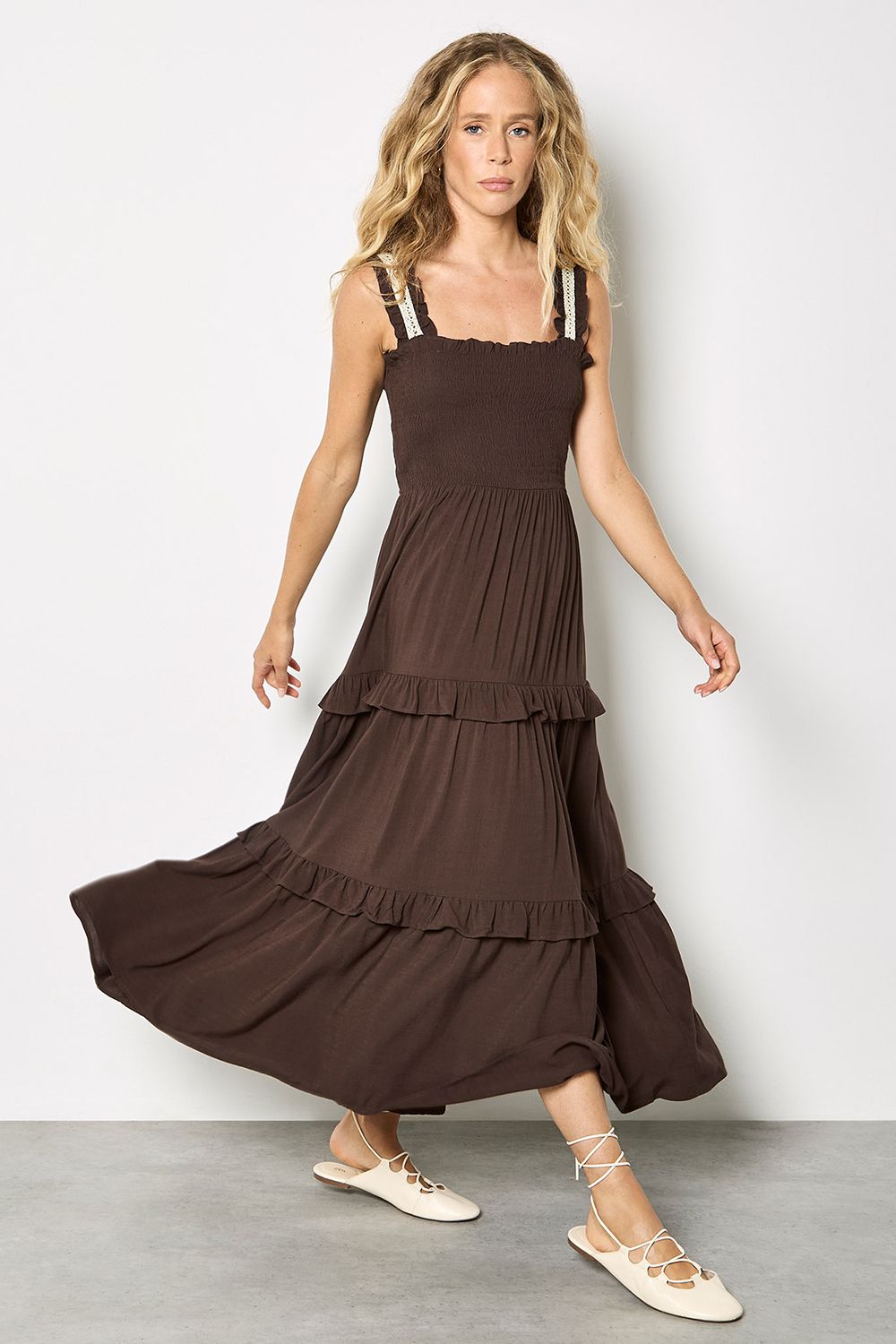 Apricot Tiered Lace Trim Midi Dress