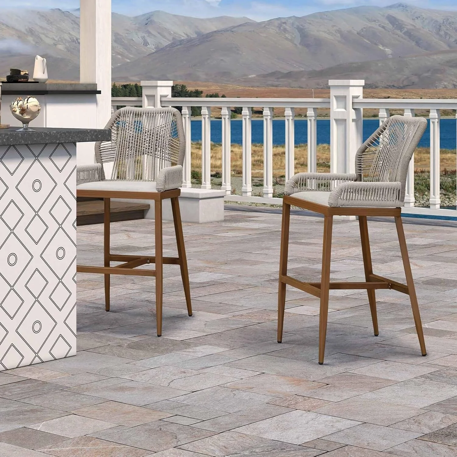 PURPLE LEAF Outdoor Bar Stools Chair Set of 2, All Weather Rattan and Aluminum Patio Bar Stool with Cushion