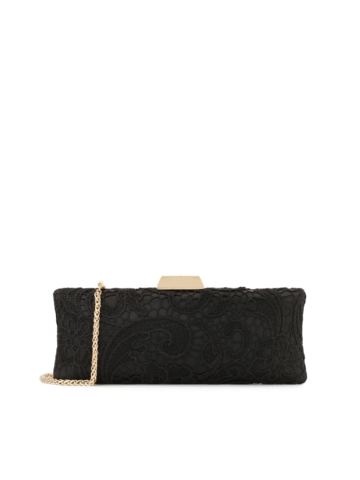 Black clutch bag covered in Venetian-style lace