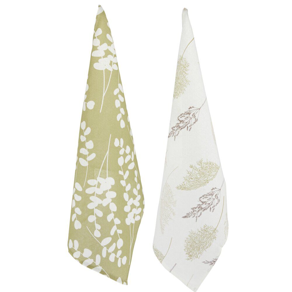 Torchon x2 coton motif végétal blanc et vert sauge 45x65cm