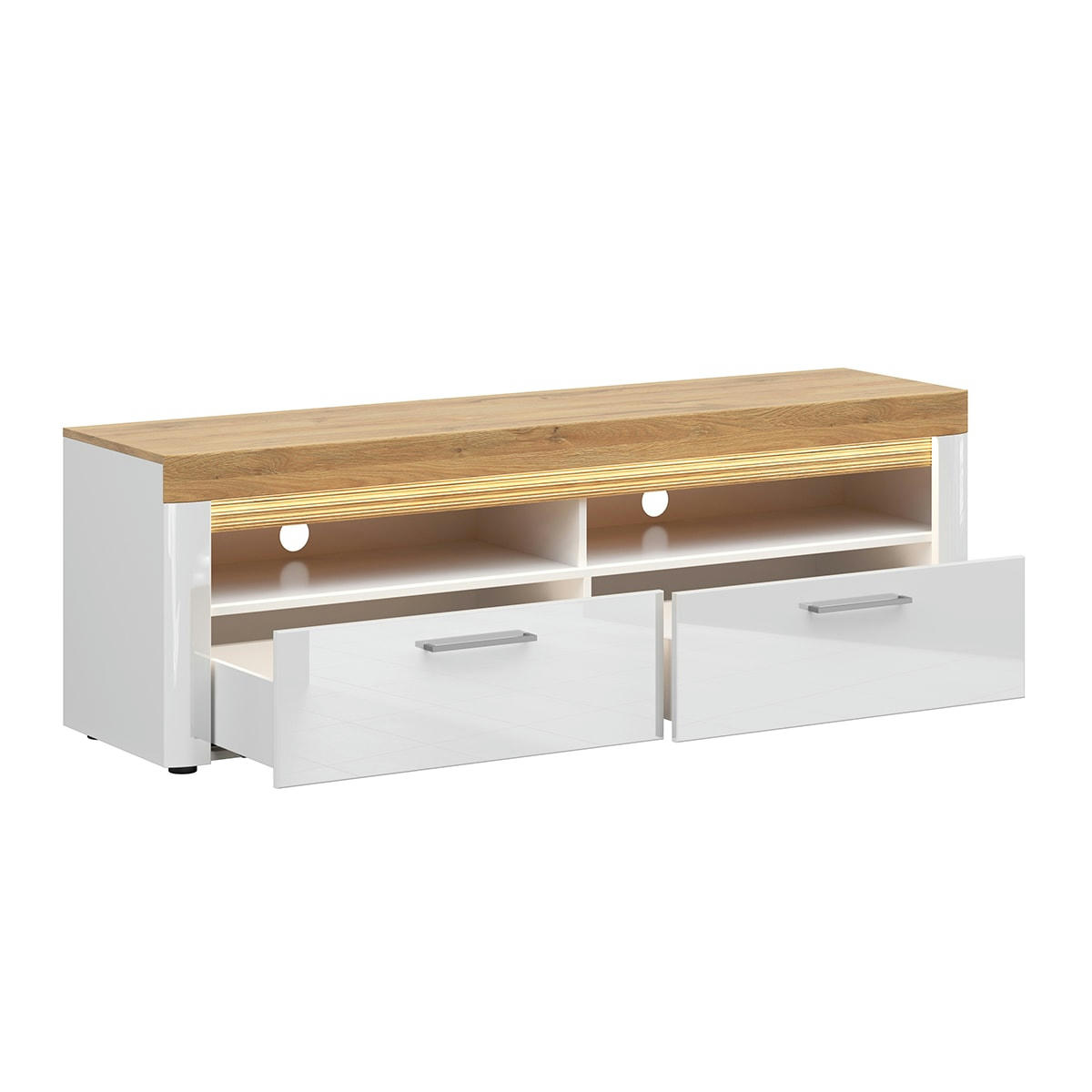- Meuble TV 2 tiroirs 166 cm avec LED mdf et stratifiés blanc et naturel