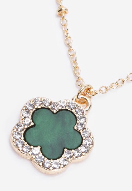 Womens Gold & Green Flower Pave Necklace