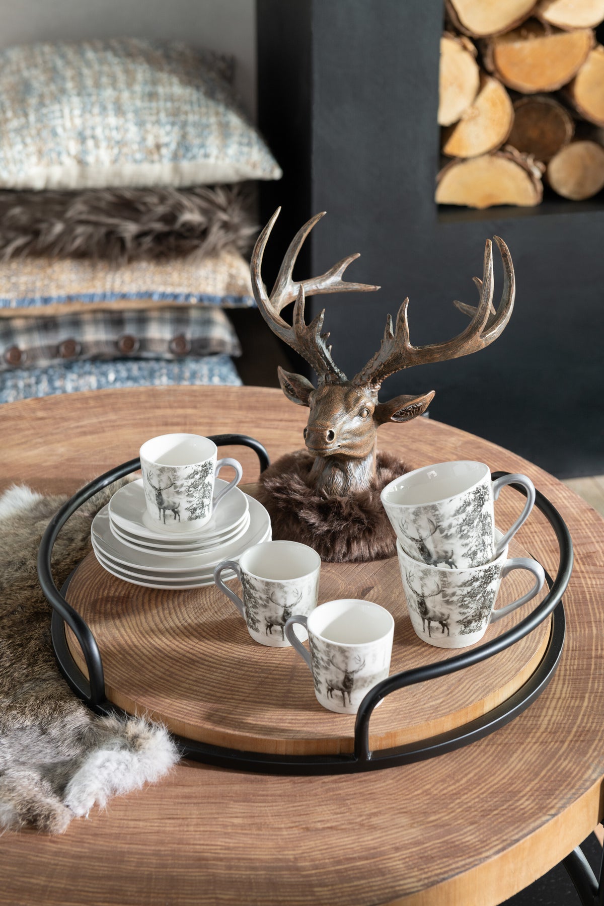 J-Line theemok   schotel Rendier - keramiek - wit/bruin - giftbox van 4