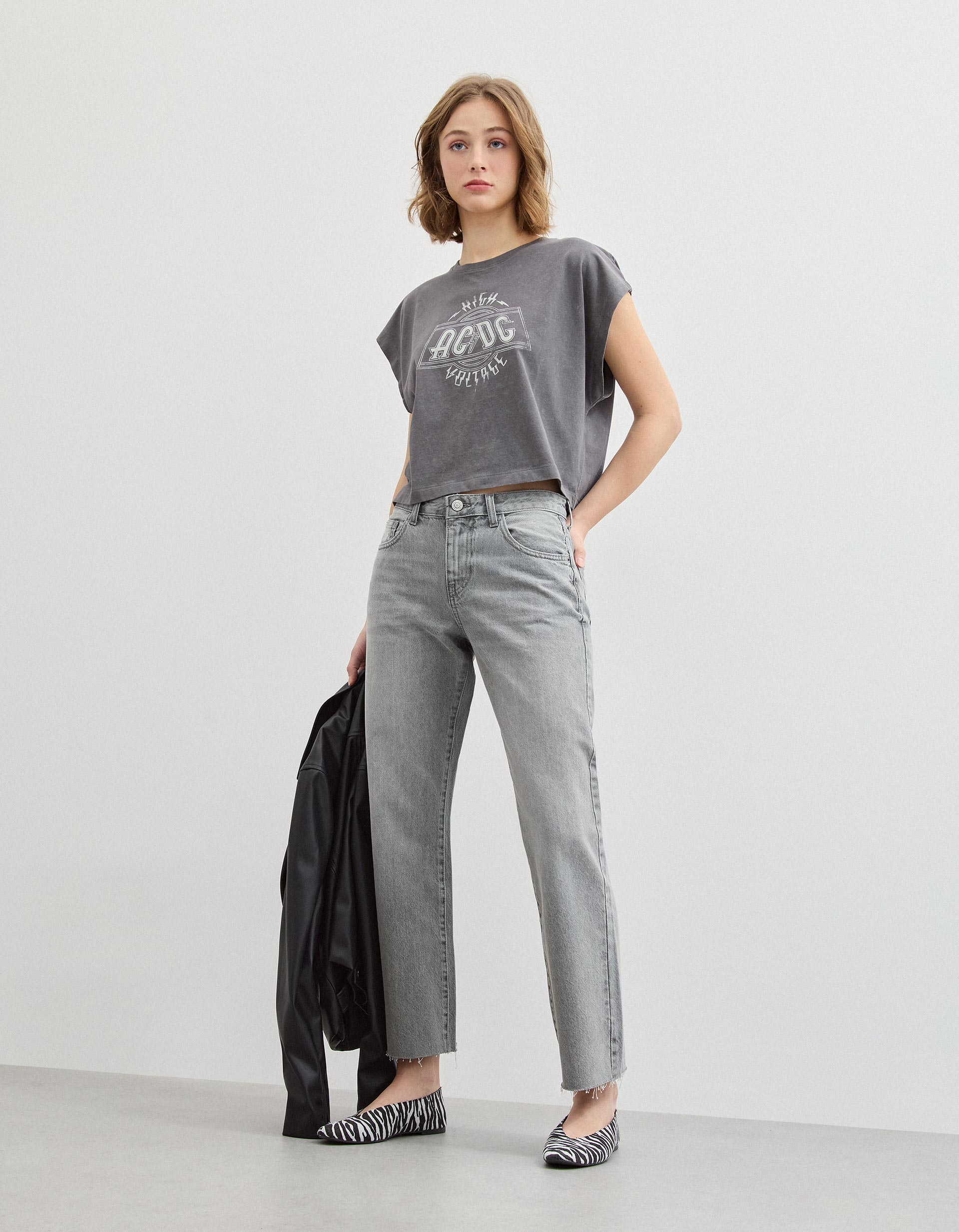 Calças de Ganga Cropped 'Straight Fit', Mulher, Cinzento Claro