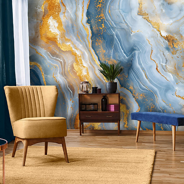 Papier Peint Marbre Bleu Or Glamour Intissé Panoramique Pour Chambre Cuisine 350x250 cm