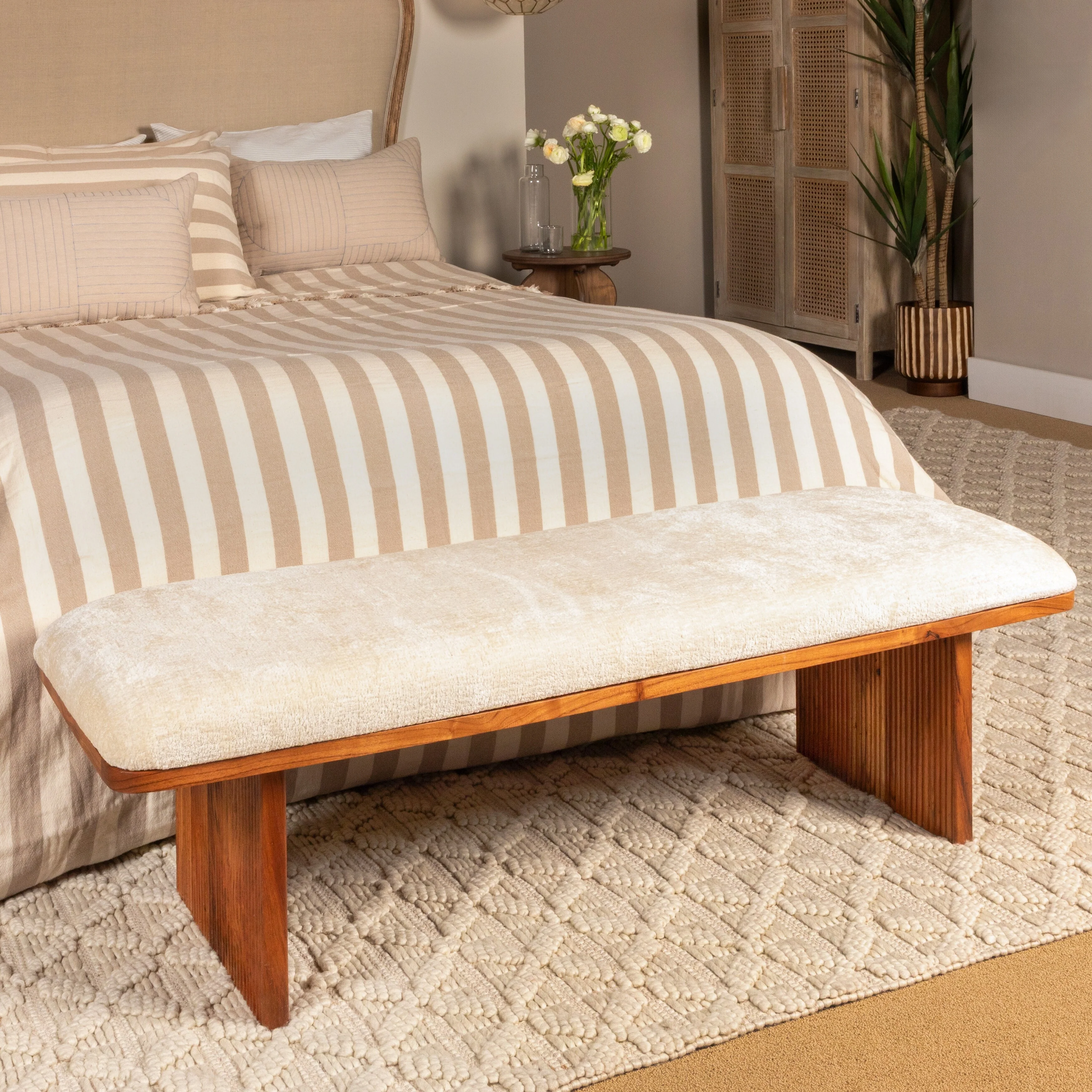 Acacia Wood and Crushed Velvet Bench - 18.0H