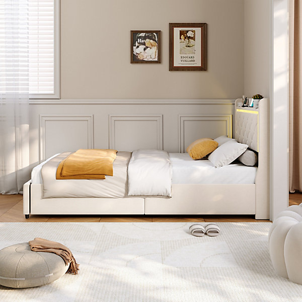 Lit 90x200 cm en velours beige avec tiroirs, rangement tête et lit à gaz, LED, ports USB/Type-C, design moderne et confortable