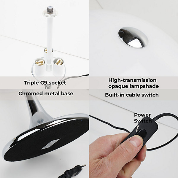 Lampe de table moderne MEDUSA avec 3 lumières, abatjour et base chromée, idéale pour chambre, salon et bureau G93