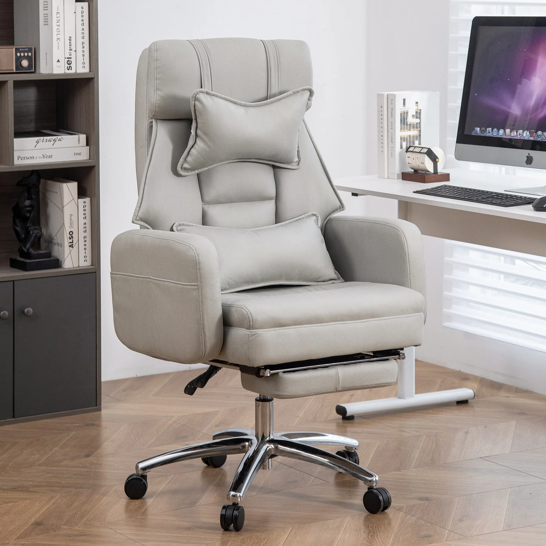 Light Grey Leather Swivel Office Recliner, Lumbar Support, Footrest