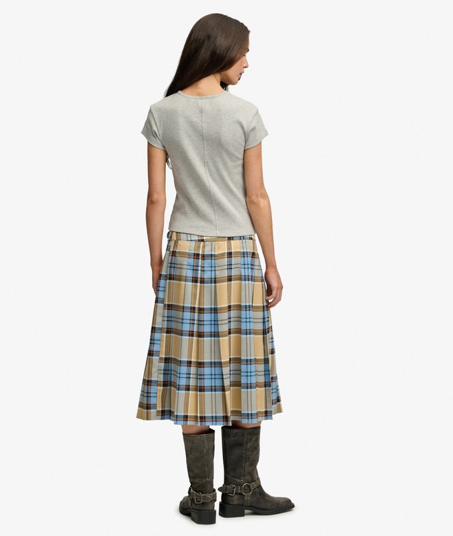 Check Pleated Midi Skirt