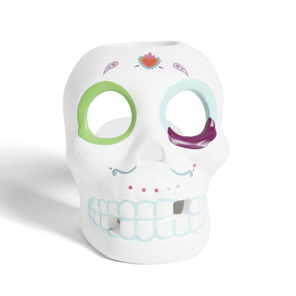 Crâne décoration Halloween en dolomite style mexicain 7x8xH10cm