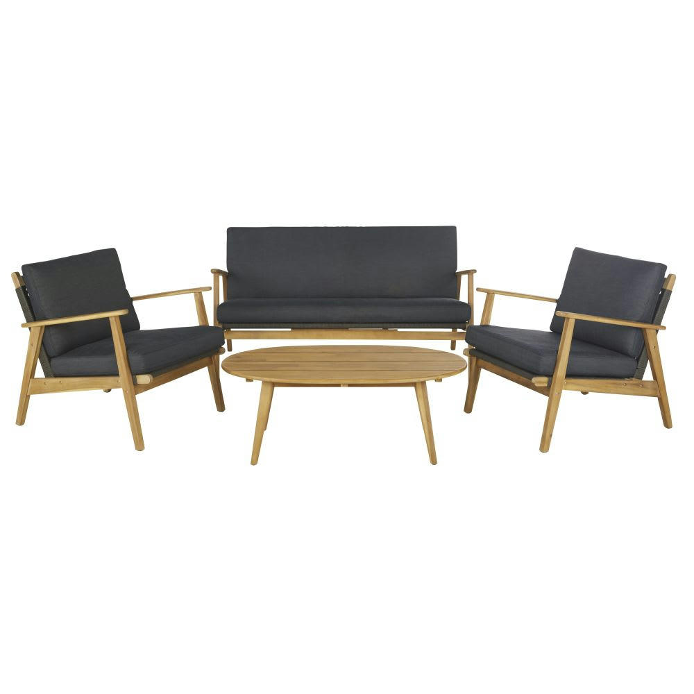 Bargane - Salon de jardin 4 places en corde tressée gris anthracite et bois d'acacia massif