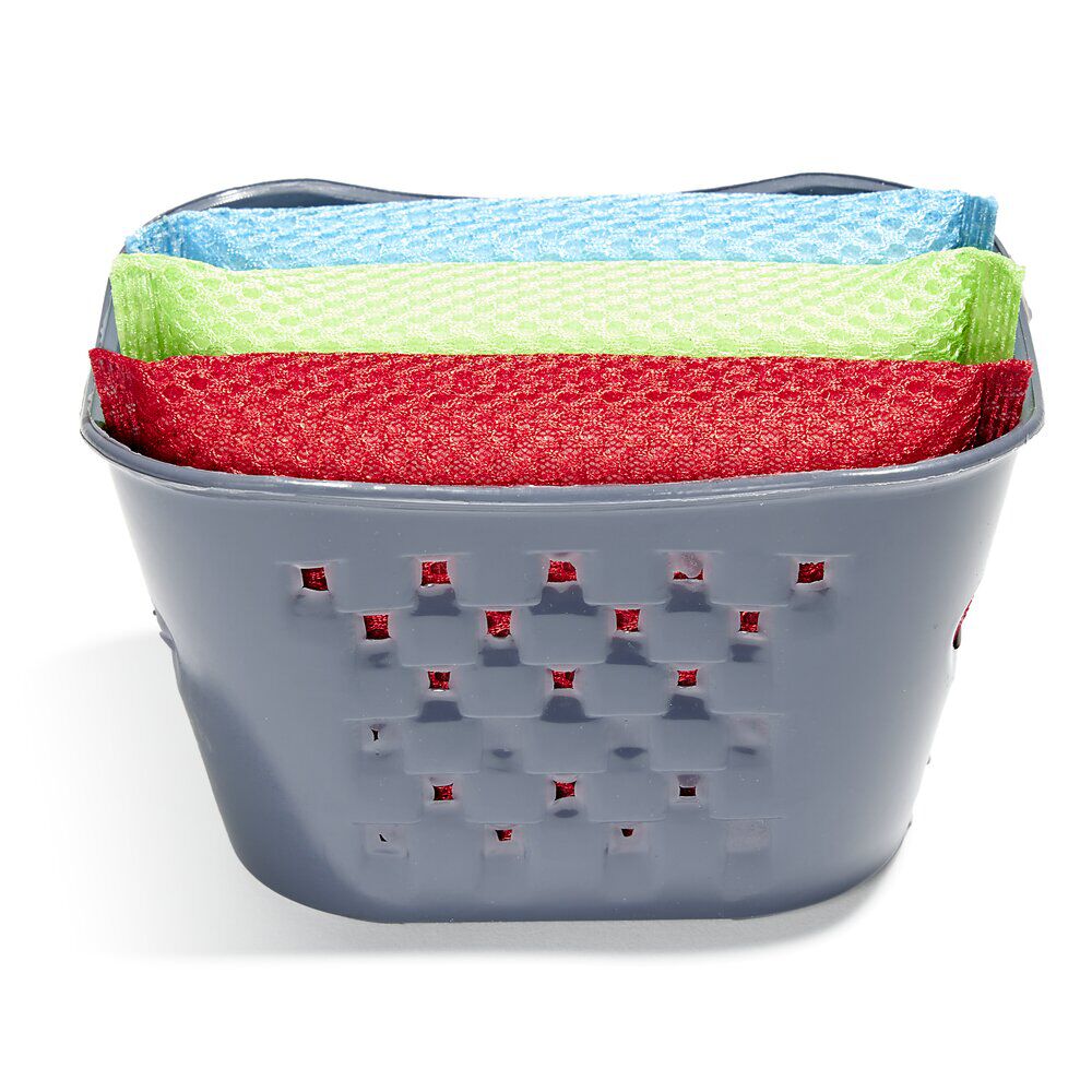 Set éponge vaisselle x3 avec panier de rangement plastique gris