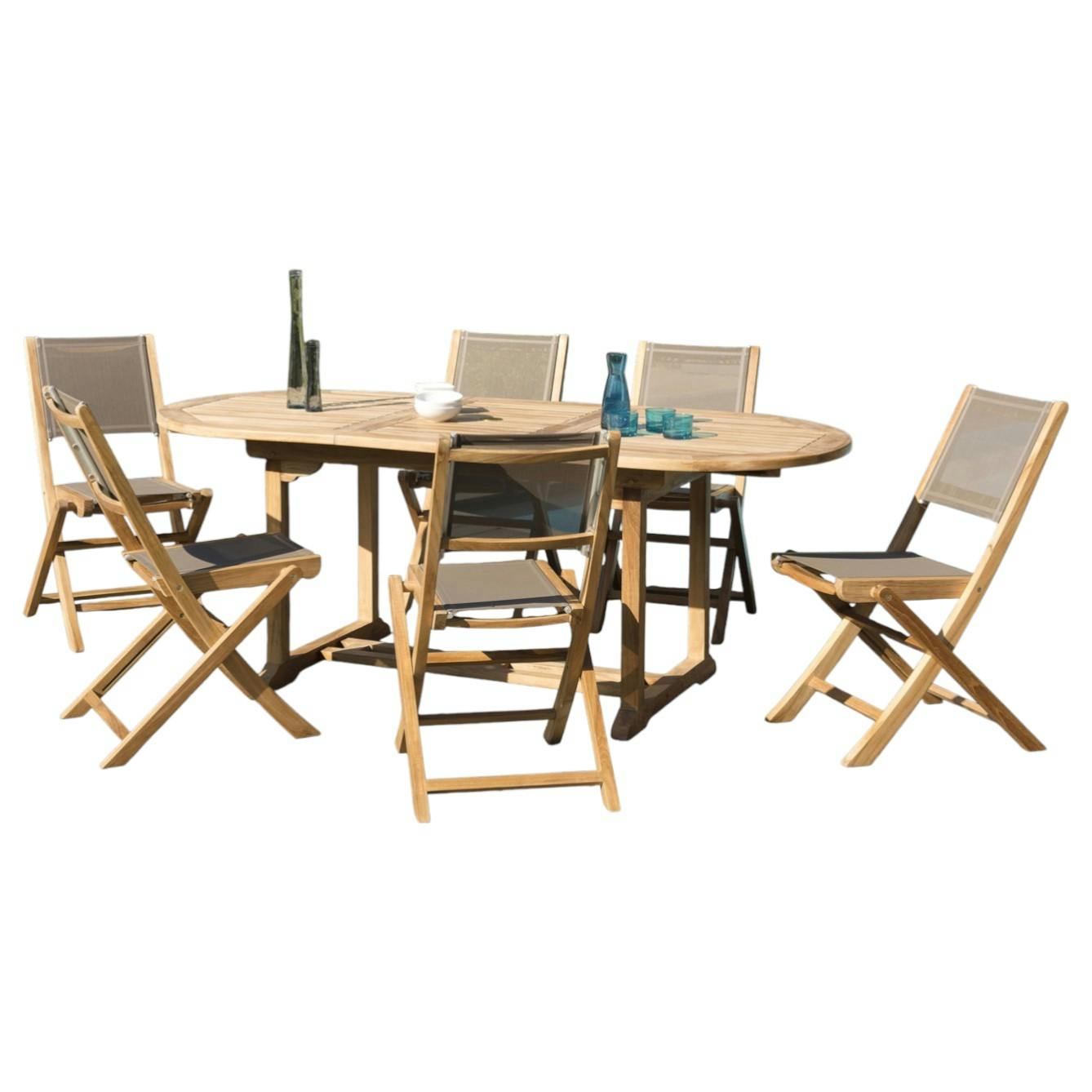 Salon de Jardin Table Teck 150/200cm   6 Chaises pliantes SUMMER