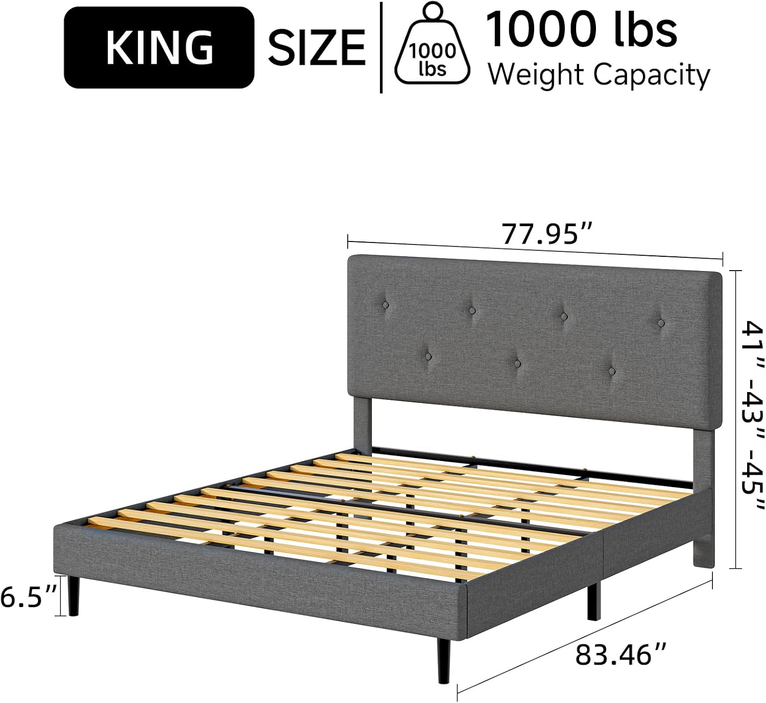 King Size Linen Bed Frame, Upholstered Platform Bed Frame with Adjustable Headboard, Wooden Slats Support, No Box Spring Needed, Easy Assembly, Grey