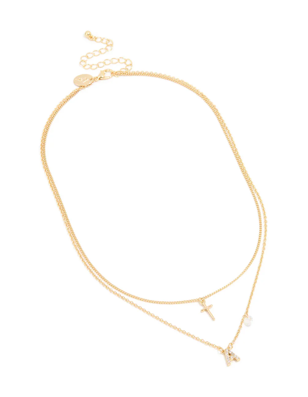 Gold Plated Cubic Zirconia Cross Letter A Layered Necklace