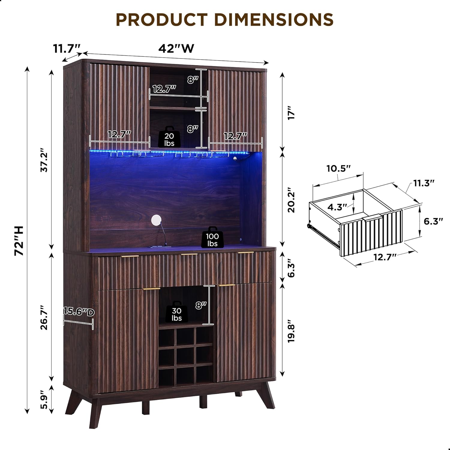OKD 72 Tall Fluted Coffee Bar Cabinet with Ample Storage, Modern Buffet Sideboard with Glass Holder/Wine Rack/Led Lights/Charging Station, Wine Cabinet for Kitchen, Dining Room, Home Bar, Dark Walnut