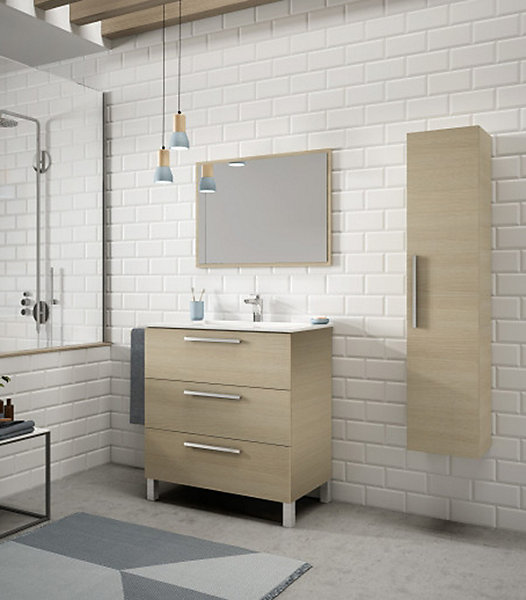 Meuble salle de bain sous vasque salle de bain avec 3 Tiroirs   1 Miroir chêne clair - Longueur 80 x Profondeur 45 x Hauteur 86 cm