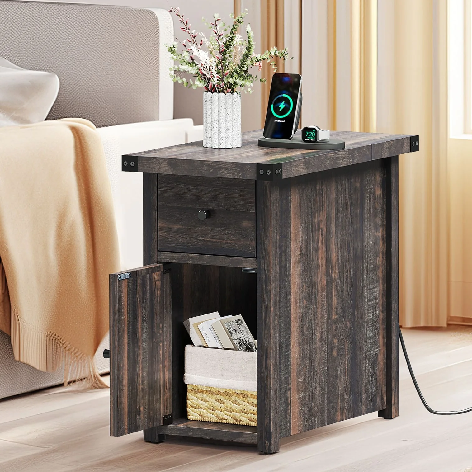 Moasis Set of 2 Narrow Side Table with Hidden USB Ports and Power Outlets, End Table with Charging Station