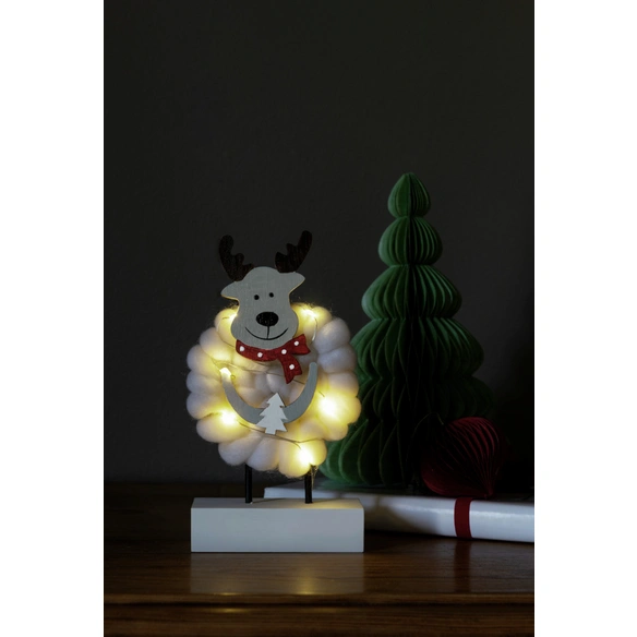LED-Dekoration, Holzsilhouette Elch mit Baumwolle, Batteriebetrieb, weiß