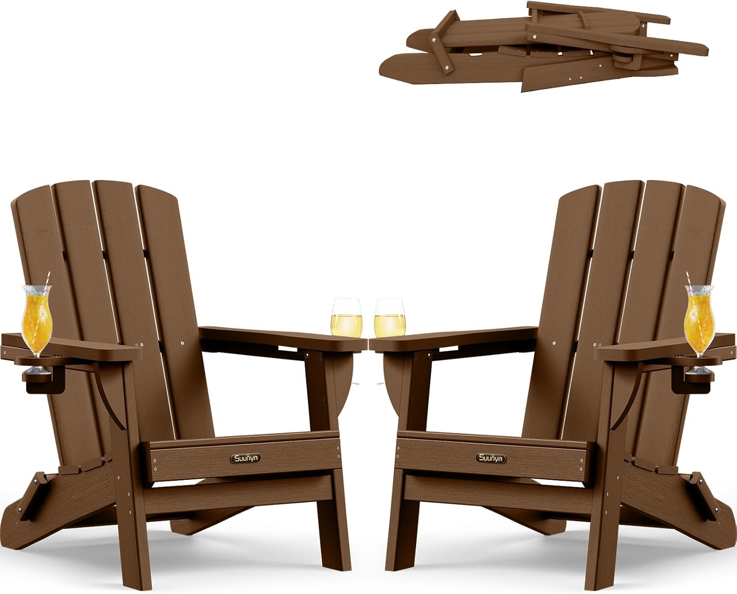 Folding Adirondack Chair 2 Pack  HDPE All-Weather Fire Pit Chairs  Plastic Adirondack Chairs with 2 Cup Holder  Outdoor Lawn Chair for Patio Garden (Brown)
