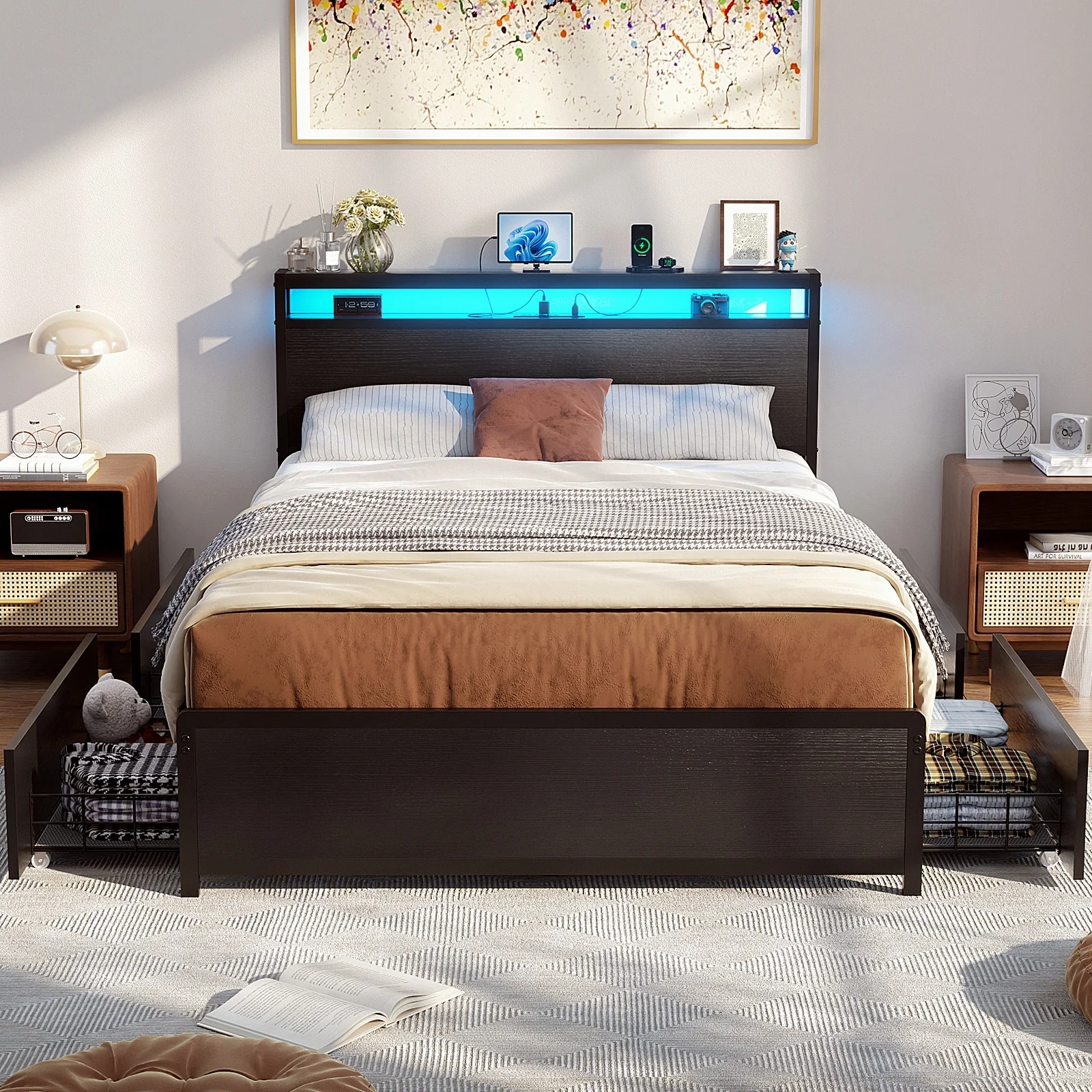Platform Bed with Hiden Drawers, Bed Frame with Headboard and Charging Station