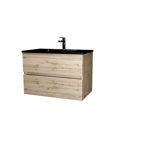 Ensemble sous vasque suspendu effet chêne naturel 2 tiroirs   vasque noire, l.80 cm, Galedo Timber