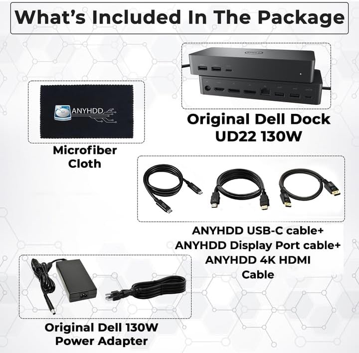 UD22 Dell Docking Station Dual Monitor Bundle - USB-C/USB-A Universal Dell Dock for Laptops Comes with 130W Adapter + Anyhdd HDMI  DisplayPort  USB-C Cables & Cloth - Supports Dual/Triple/4 Monitors