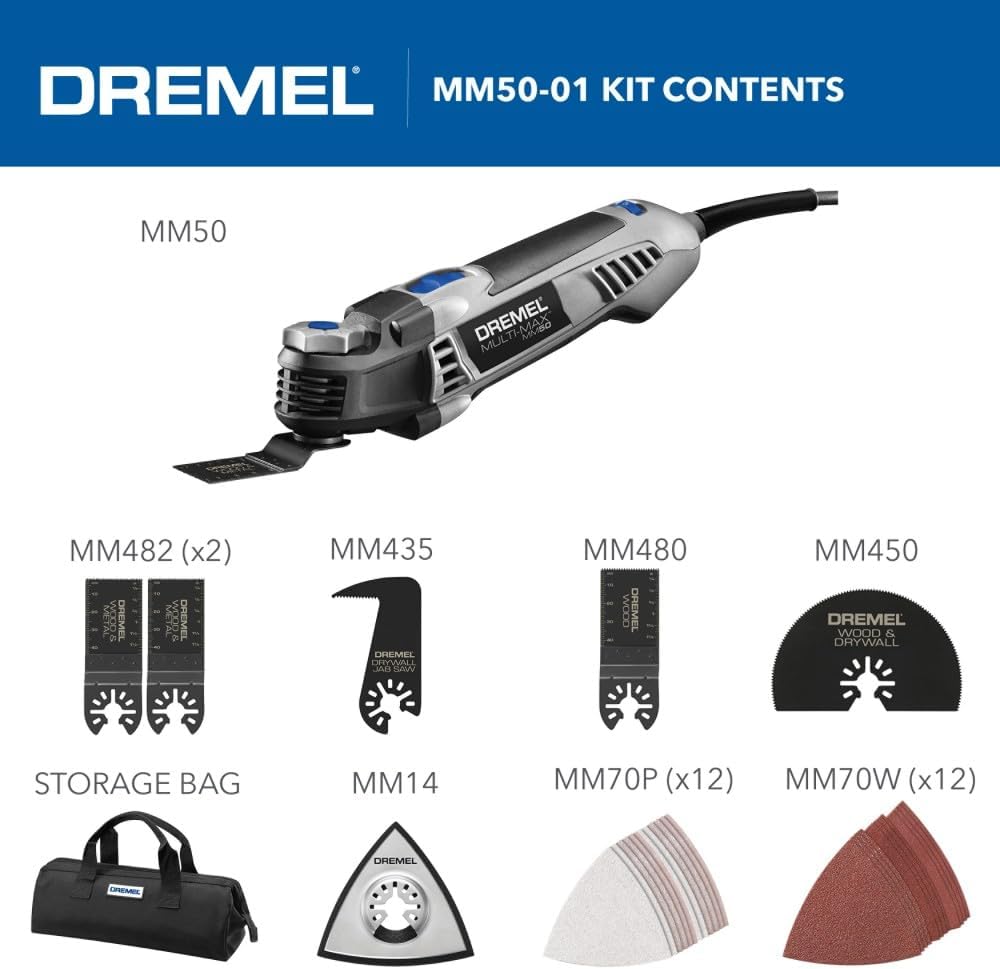 Dremel Multi-Max MM50-02 5 Amp Variable Speed Corded Oscillating Multi Tool Kit with 16 Accessories and Storage Bag - Ideal for Metal & Wood Cutting, Sanding, and Box Cutouts
