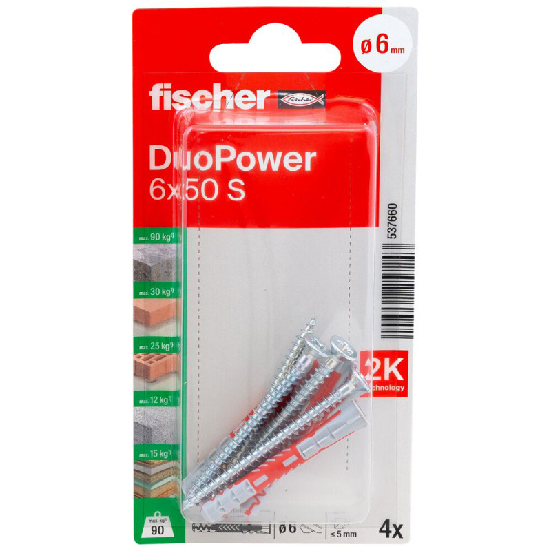 Cheville DuoPower S en nylon avec collerette et vis Ø 6 x 50 mm 4 pièces