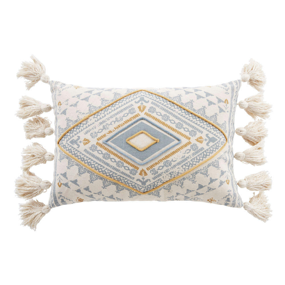 MAKA - Coussin en coton écru et bleu imprimé avec broderies 30x50