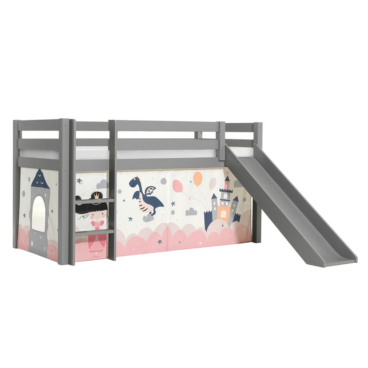 PINO - Lit mi-hauteur 90x200 toboggan sommier inclus housse fairy rose