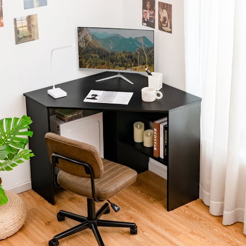 NNECW Black Corner Computer Desk with Management Hole for Home Office
