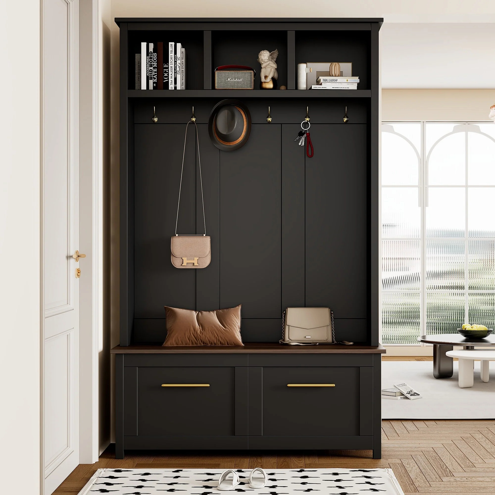 Versatile 4-in-1 Hall Tree with 6 Golden Hooks, Wood Grain Bench & 2 Drawers for Entryway Storage