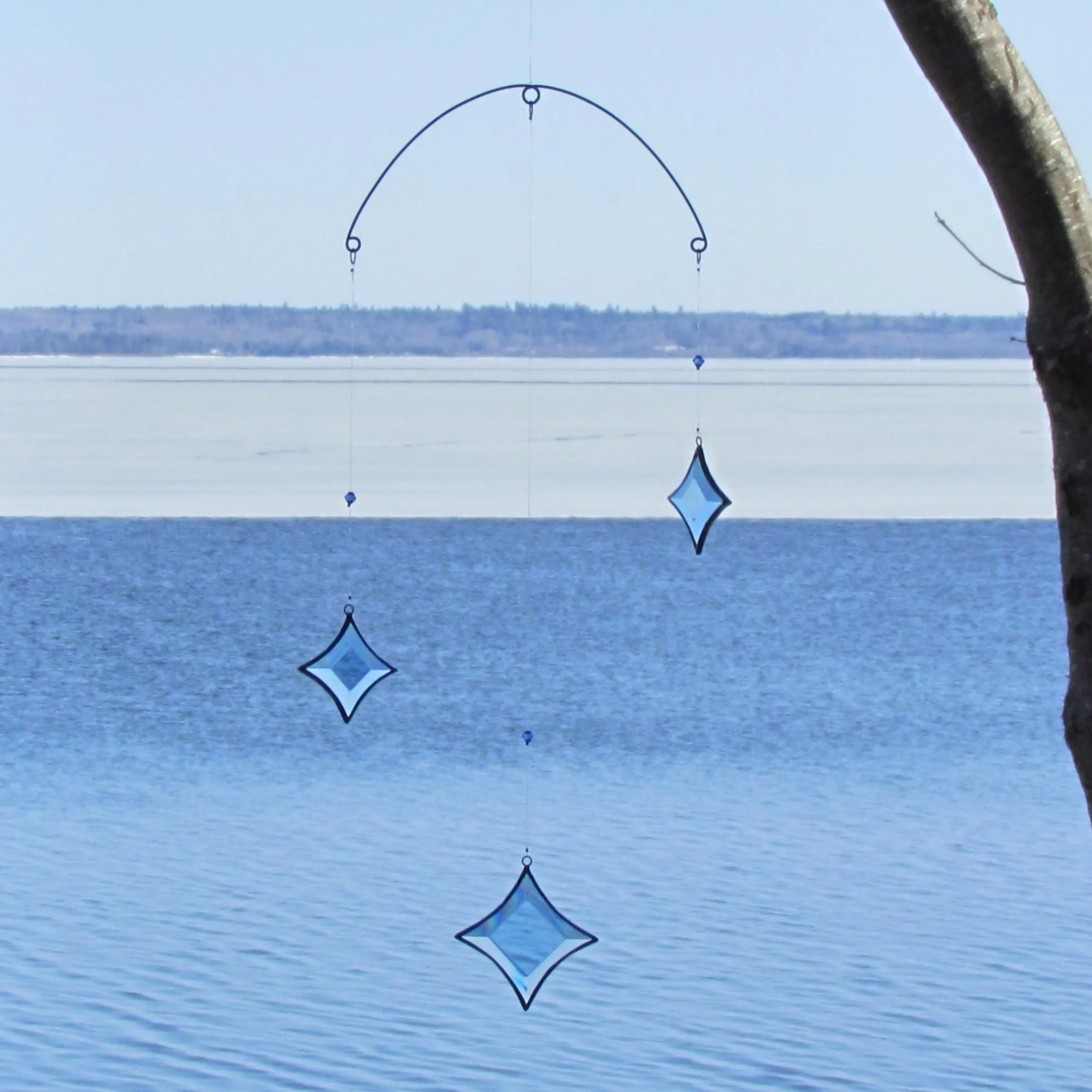 Icy Blue Stained Glass Star Mobile: Crystal Suncatcher, Handmade in Canada