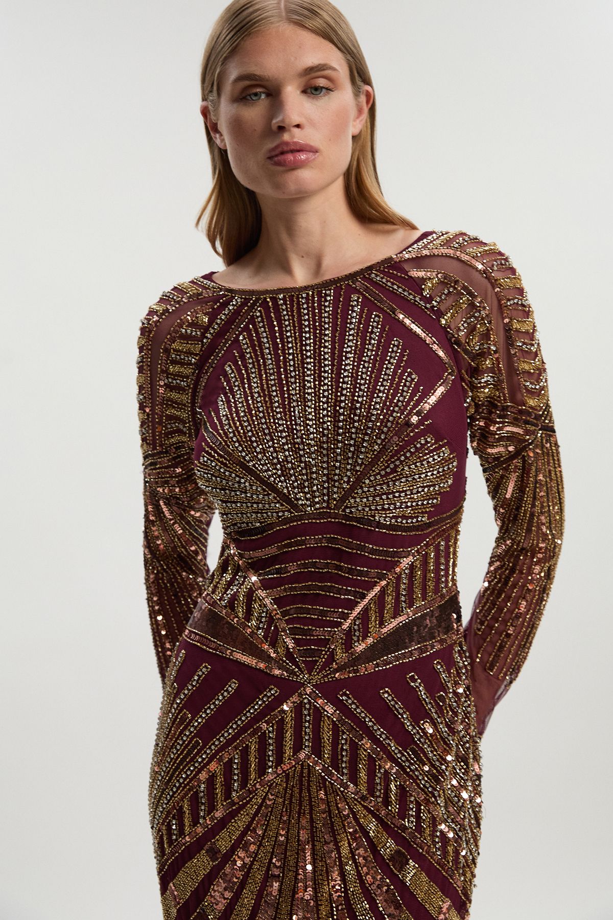 KarenMillen Petite Premium Mirrored Crystal Embellished Woven Long Sleeve Column Dress