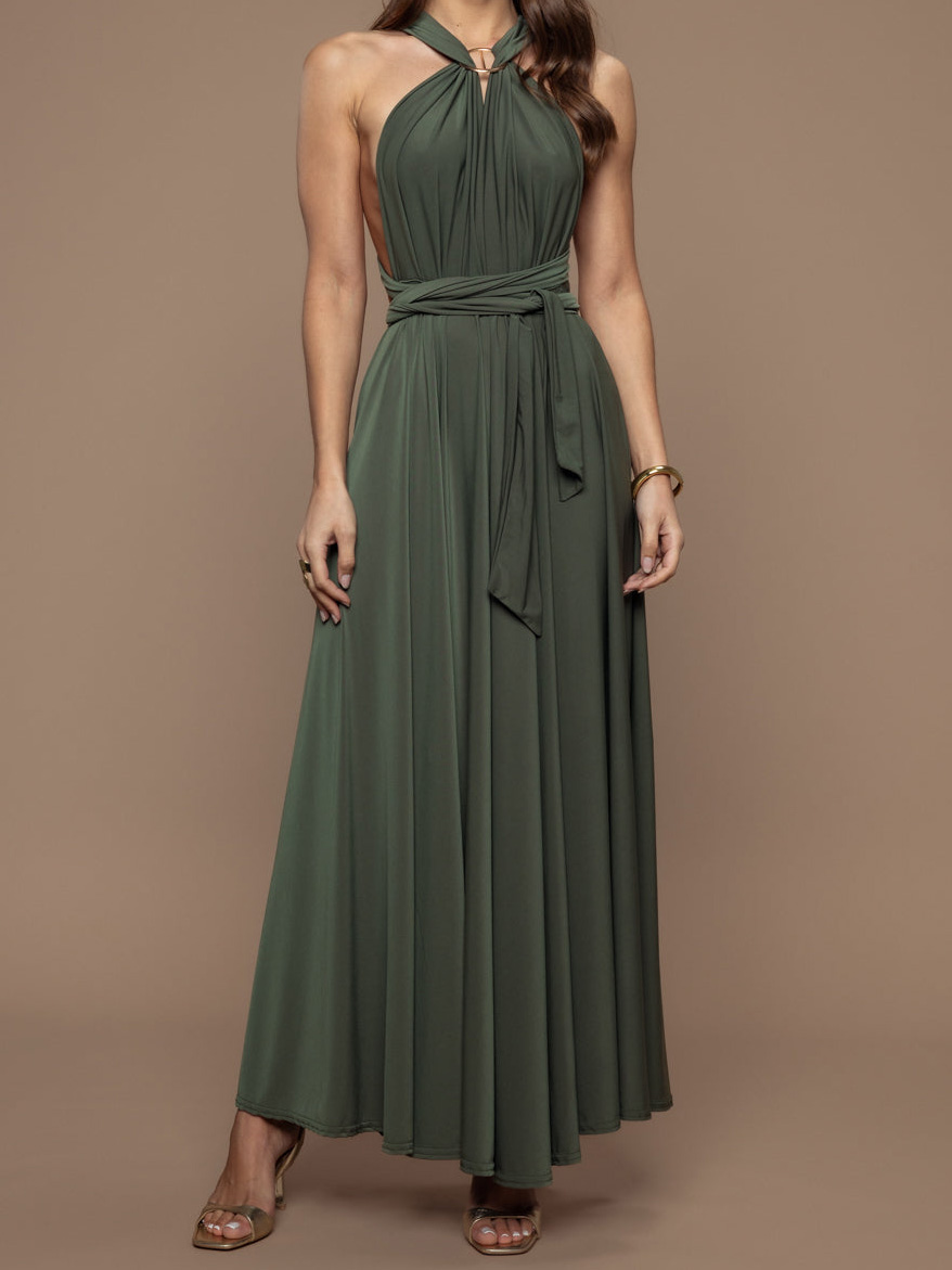 Elegant Multi-Way Neck Draped Tie-Waist Maxi Dress
