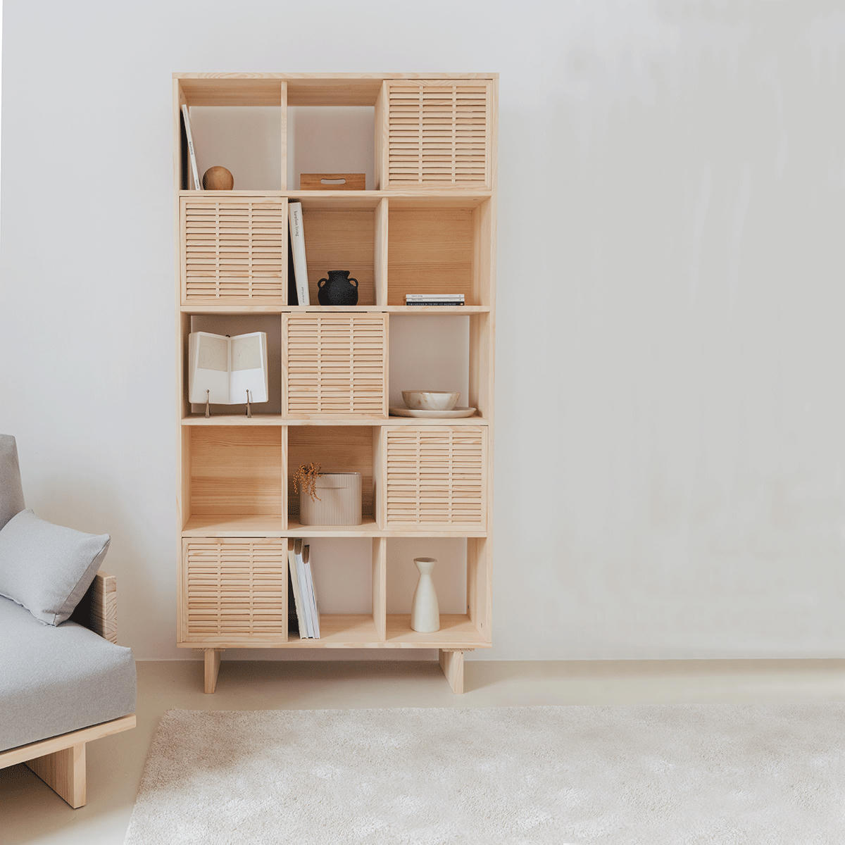 ESTRETA - Bibliothèque en bois de pin massif naturel - 5 portes - 98 cm