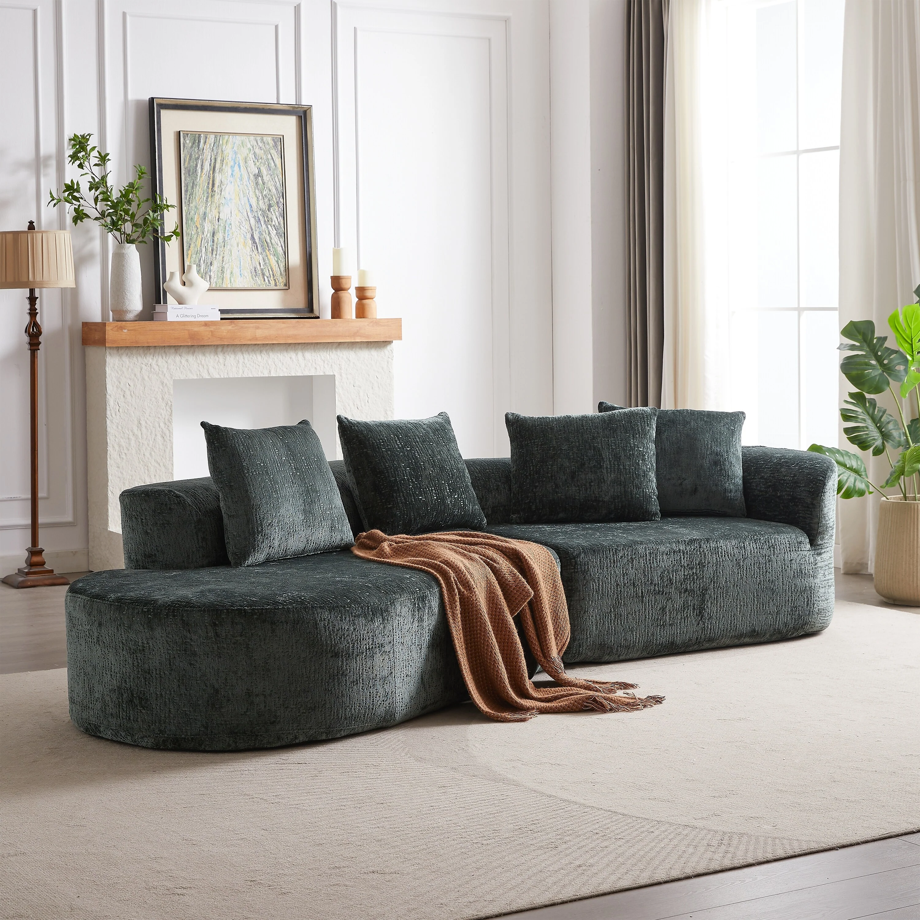 Curved Loveseat Sofa Chenille 4-Seat Cloud Couch with 4 Pillows