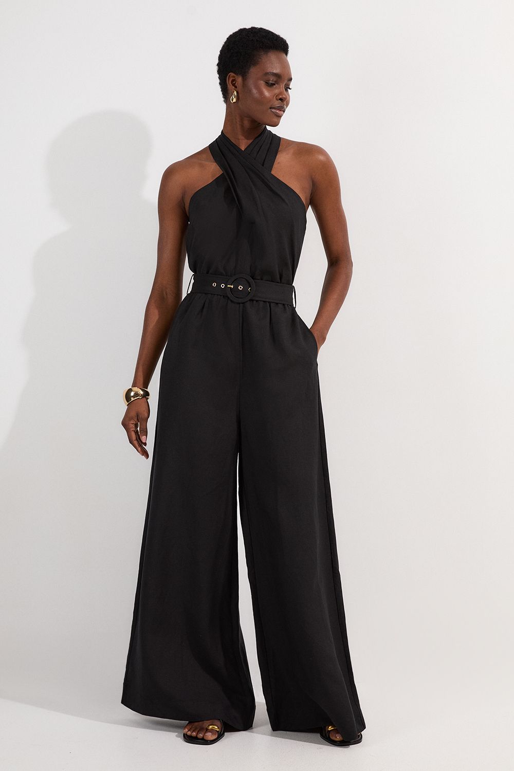KarenMillen Linen Viscose Cross Front Woven Belted Jumpsuit