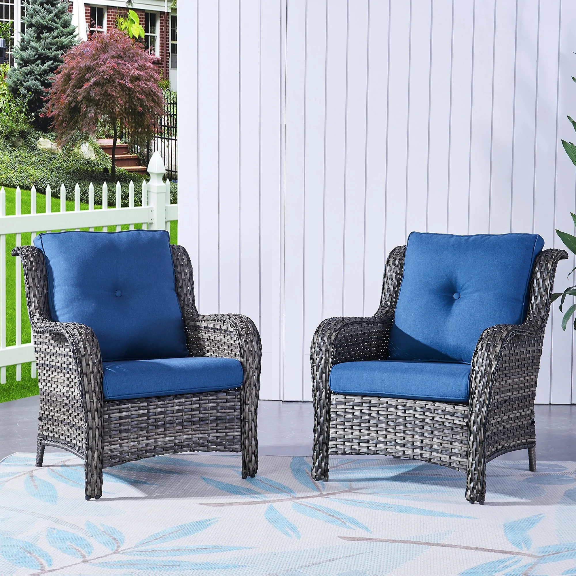 Outdoor Wicker High Back Club Chair with Cushions (Set of 2)