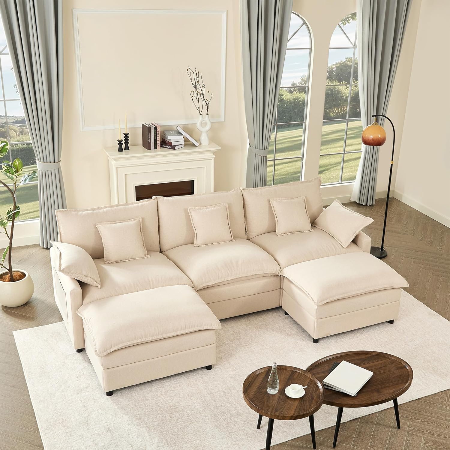 108 U Shaped Couch, Modular Sectional Sofa, 3-Seater Comfy Cloud Couch, Set of Modular Pieces with Movable Ottoman, Deep Seat Couches for Living Room, Linen, Beige