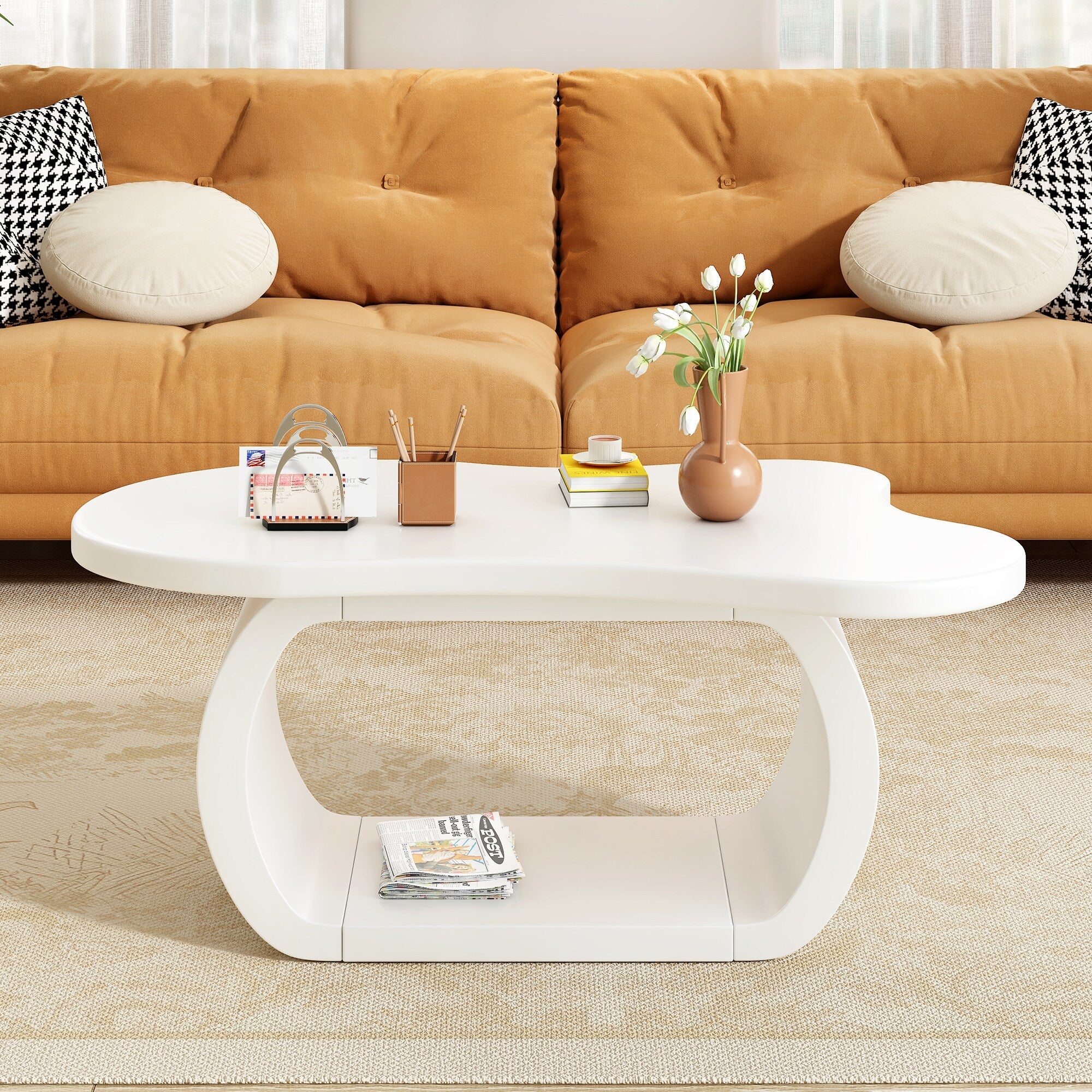 Rregular Coffee Table Cloud Shaped Table, Modern Wood Center Tables with Curved Legs for Apartment, Living Room