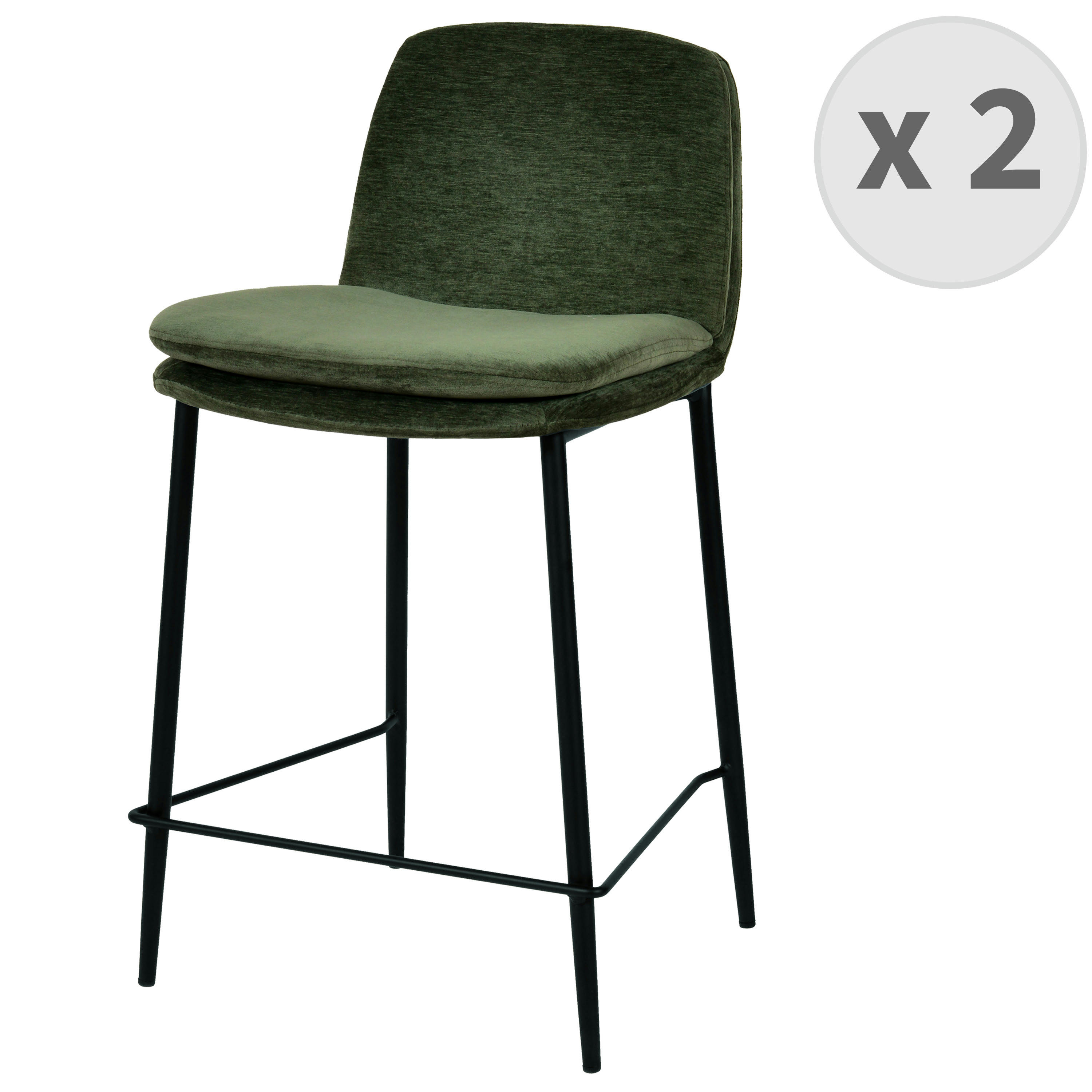 NOLAN - Chaise de bar tissu chenillé Sauge et métal noir mat (x2)