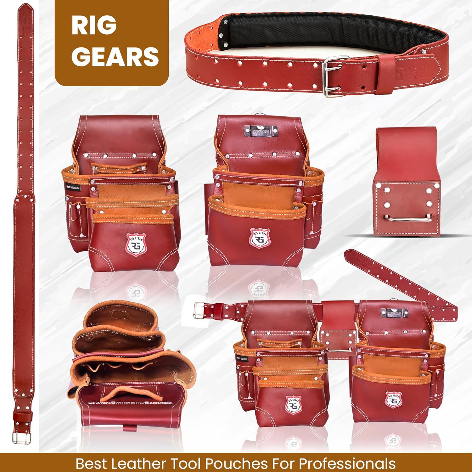 Professional 11 Pockets Leather Tool Pouch Bags/Carpenter Tool Belt Set | Heavy-duty Drywall Pouch, Electrician Pouch, And Framing Tool Belt Pouches (Maroon, Standard)