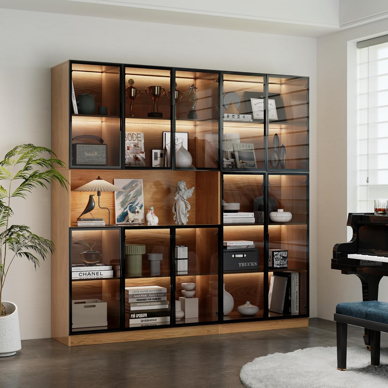 5 Tier Glass Display Cabinet with Adjustable LED Lights, 78.7 Lighted Curio Cabinet with Glass Doors & Shelves, Tall Display Case for Collectibles - Walnut