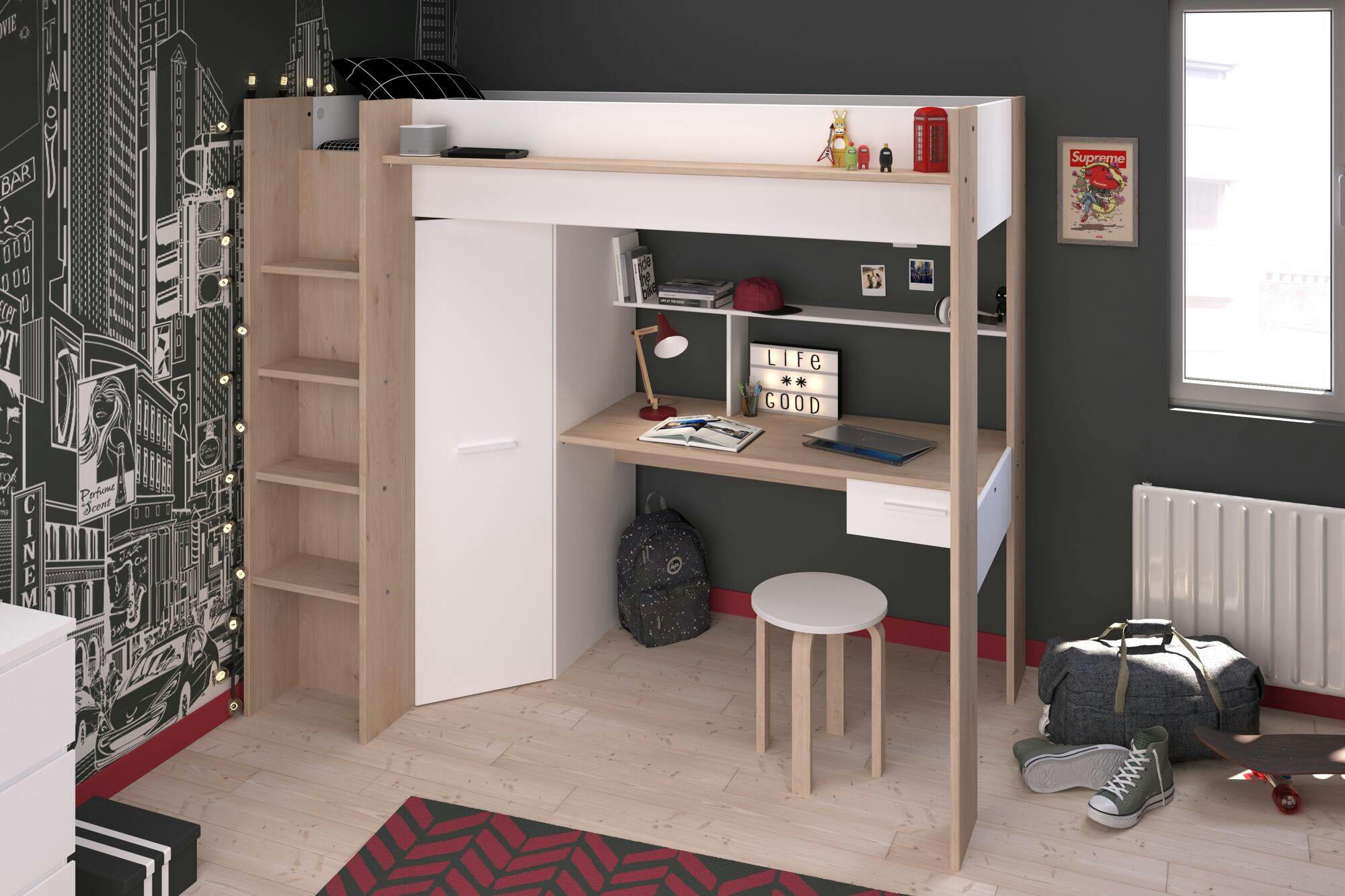 PACOME - Lit mezzanine effet bois et blanc 90 x 200 cm