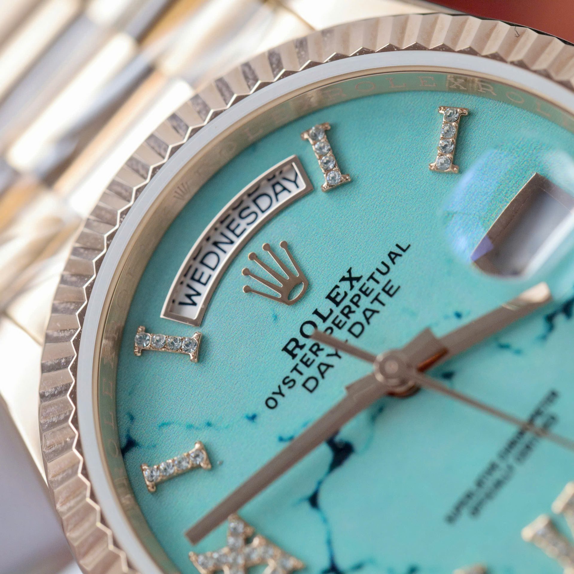 Rolex Day-Date 128238 RG Plated Turquoise Blue Dial CZ Diamonds 36mm Super Clone